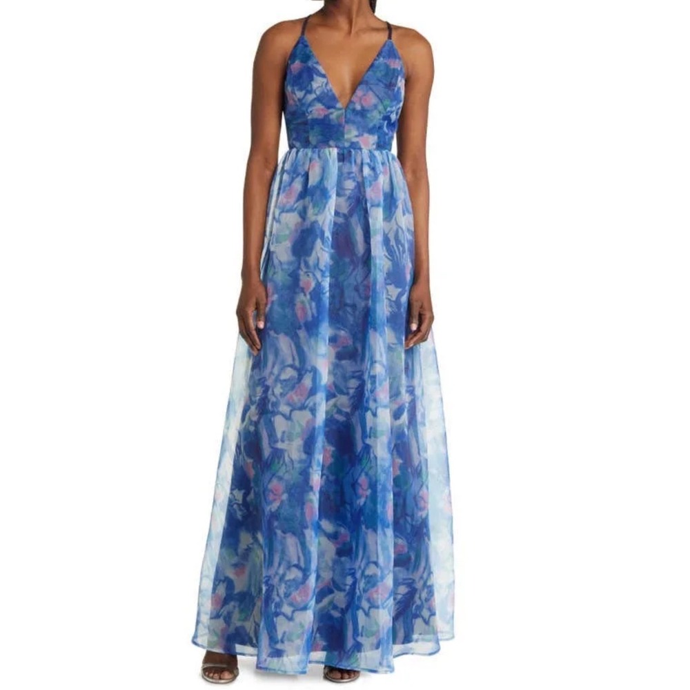 Lulus Blue Floral Watercolor Maxi Dress V-Neck Open Back Formal Gown XL